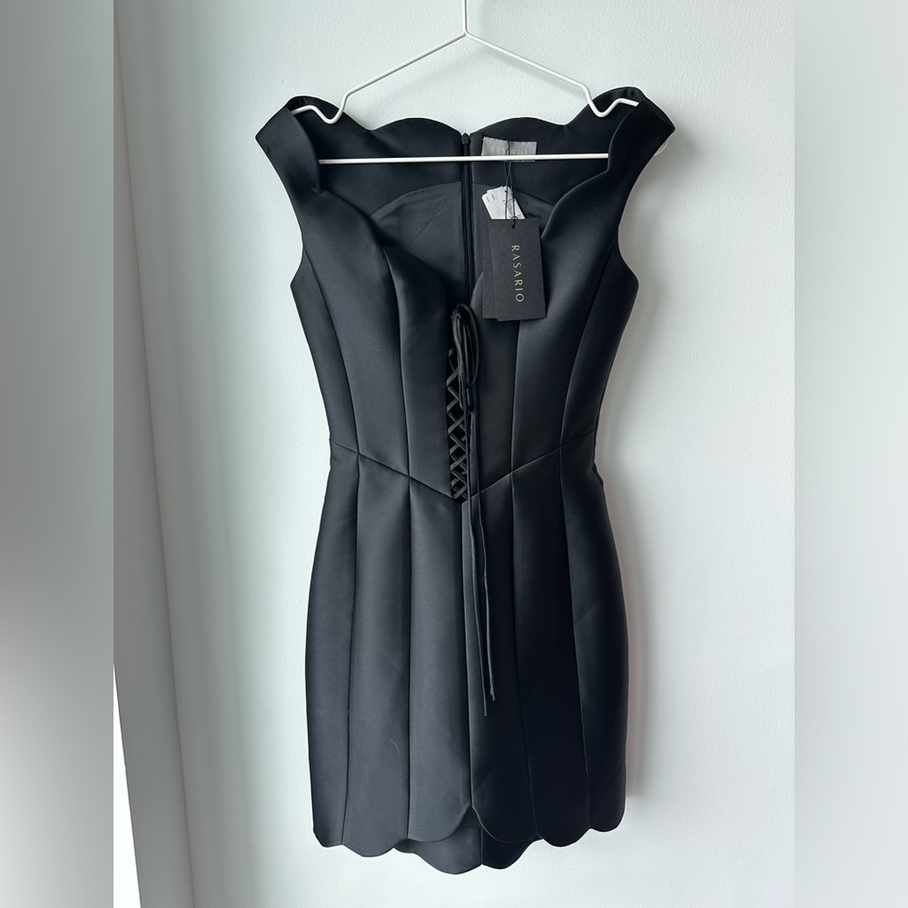 RASARIO Lace-Up Scalloped Satin Mini Dress - Black Size Small